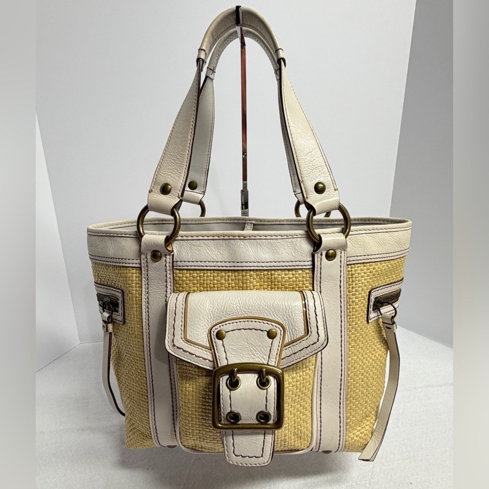 Authentic Coach Cream and Straw Tote Bag with Front Buckle Pocket Leather trim
